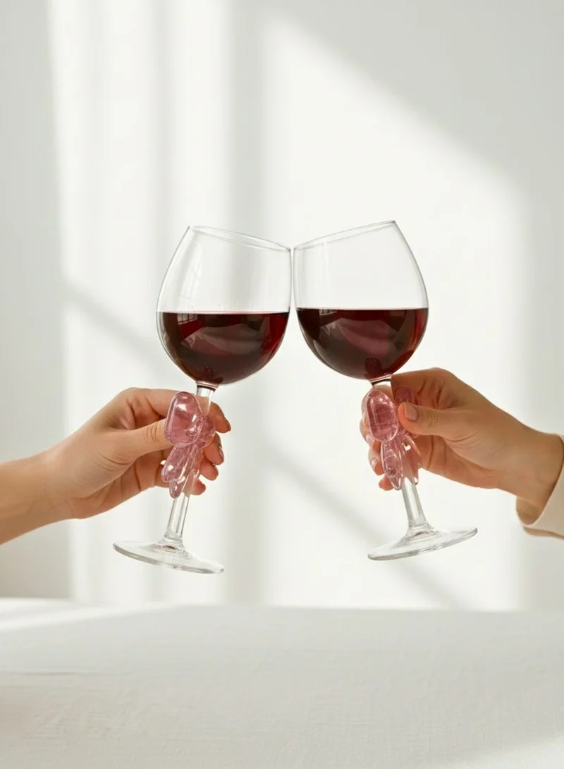 1Chase Borosilicate Goblet Wine Glass with Pink Bow, 350ML Elegant Decorative Wine Glass, Heat Resistant Glassware for Red & White Wine, Parties & Gifting (1 Piece)